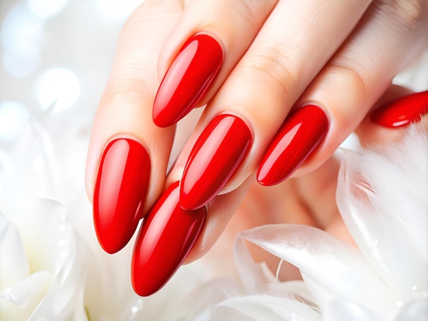 a womans red nail with a white bow in the middle