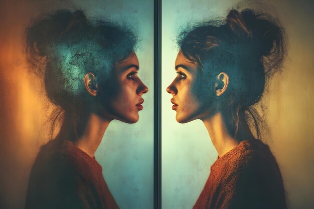 Photo womans reflection in mirror illustrating psychological bipolarity