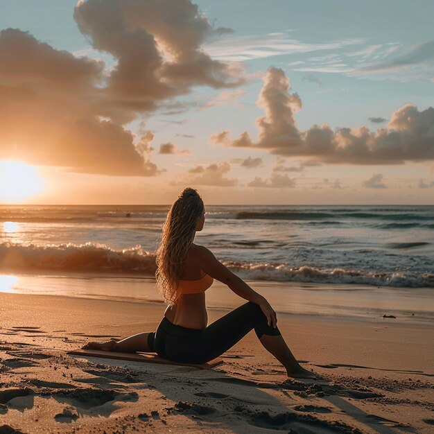 Photo a womans sunrise pilates routine morning bliss sunrise pilates beachside pilates at sunrise