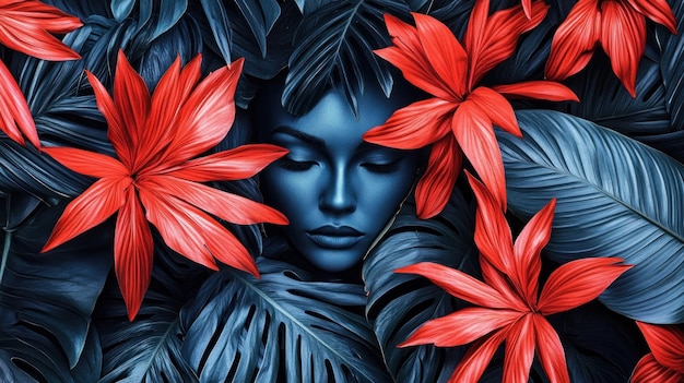 Photo a womanvds face emerges from a striking blend of vivid red flowers and lush tropical foliage creating an artistic harmony between human beauty and naturevds colors