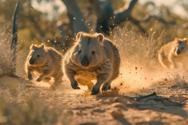 Photo wombats playing in desert vibrant detailed nature background shot