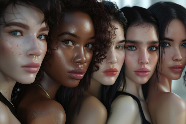 Women of all different races together on a white background