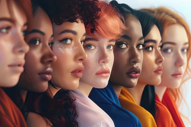 Women of all different races together on a white background