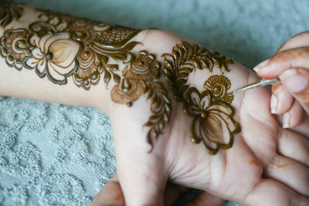 Women applying henna on hand