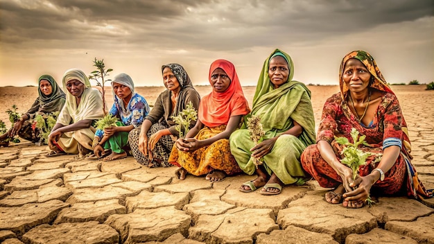 Women are sitting holding seedlings are in dry land in a warming world