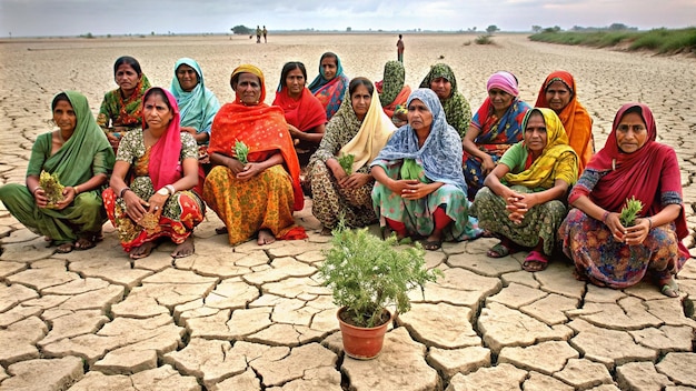 Women are sitting holding seedlings are in dry land in a warming world