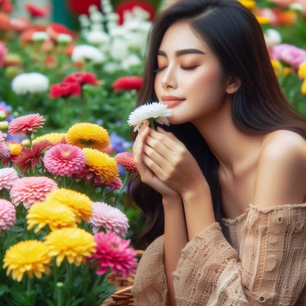 Women are surrounded by colorful flowers