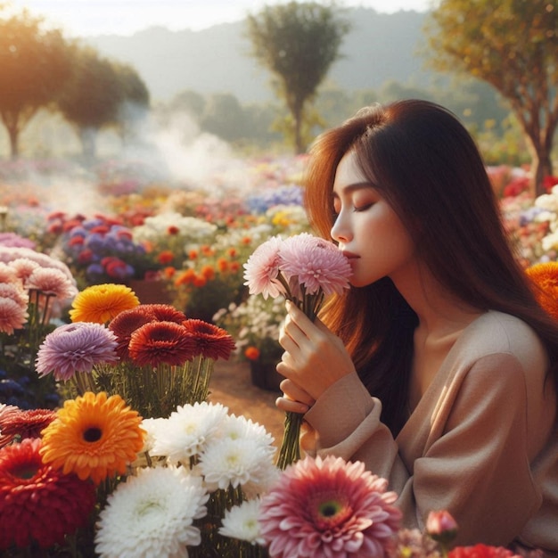 Women are surrounded by colorful flowers