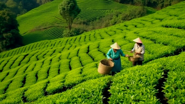 Women in asia pick tea on green plantation terraces landscape background Generative AI