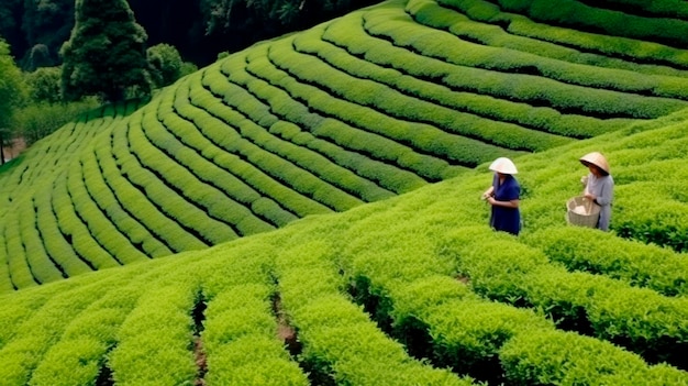 Women in asia pick tea on green plantation terraces landscape background Generative AI