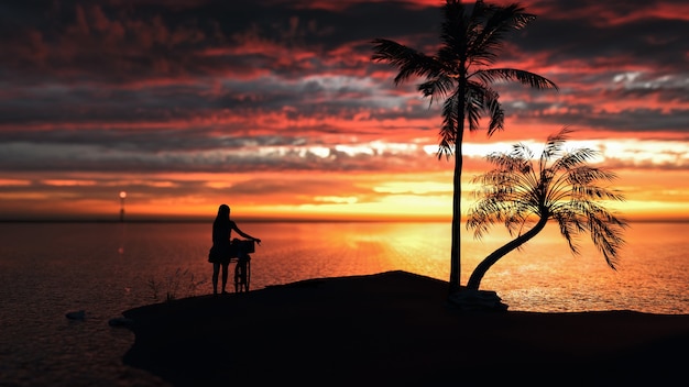 Women and bikes Standing on the beach at sunset. 3d render and illustration.