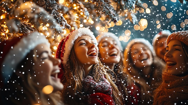 Photo women caroling under festive lights in a joyful holiday street celebration filled with christmas spi