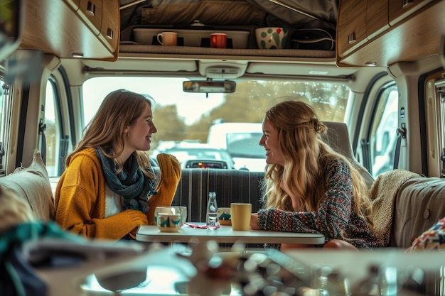 Photo women chatting and having fun in a camper van