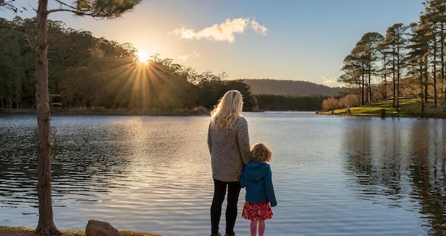 A women and child are standing by the water lake on sunset