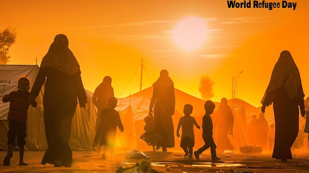 Women and children in hijabs walking toward the camera during sunset with a hopeful message for Worl