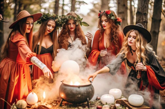 women in costumes are cooking a fire with smoke coming out of them