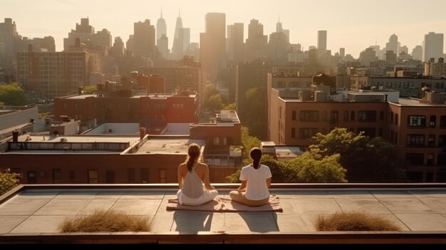 Women couple meditating on roof of apartment building seeking peace and tranquility at sunset