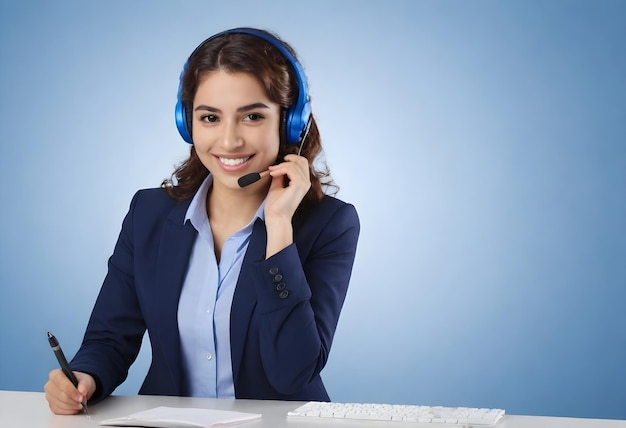 Women currly hair in their wearing a headset with a microphone professional dress smiling