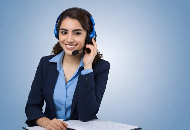 Women currly hair in their wearing a headset with a microphone professional dress smiling