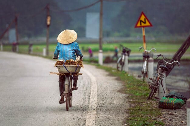 Women cycling next to rice fields in Vietnam