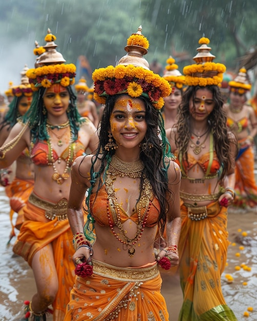 Women Dancing With Decorated Pots Background