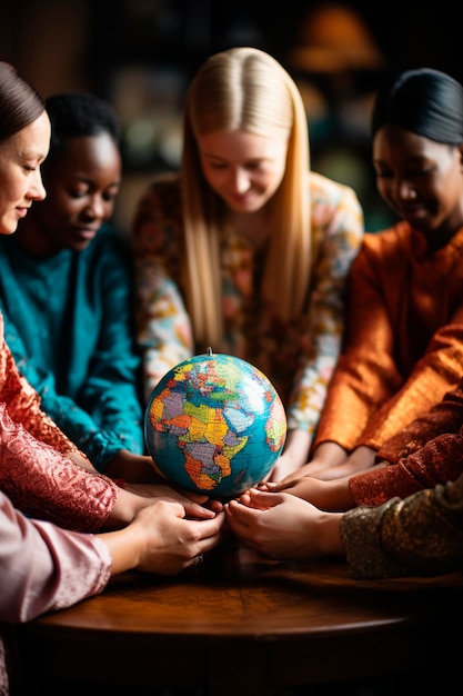 Women of different races holding a ball from planet earth