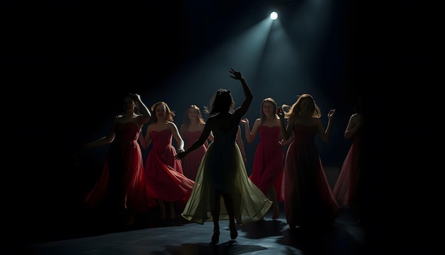 Women in dresses dancing in darkness isolated with white highlights