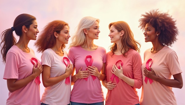 Photo women embracing the pink ribbon