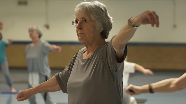 women engaged in a stretching or yoga exercise session The woman in the foreground appears to be the focus