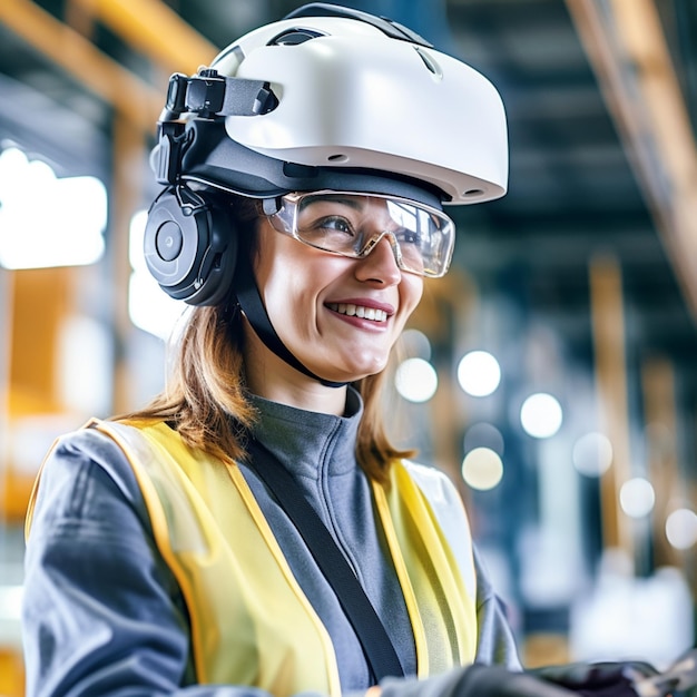 the women engineer wearing yellow jacket and construction glasses