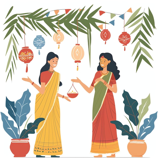 Women enjoying festive decorations and lights indian illustration