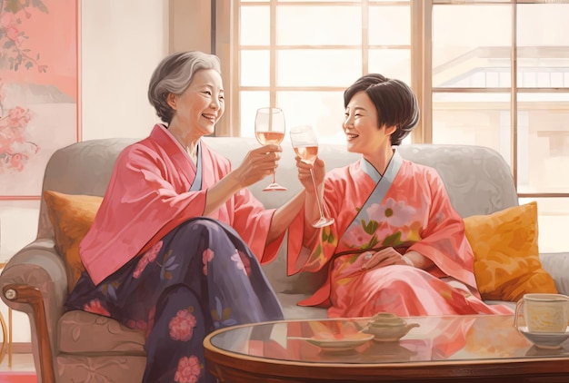 women enjoying wine with each other in an older womens living room in the style of asianinspired