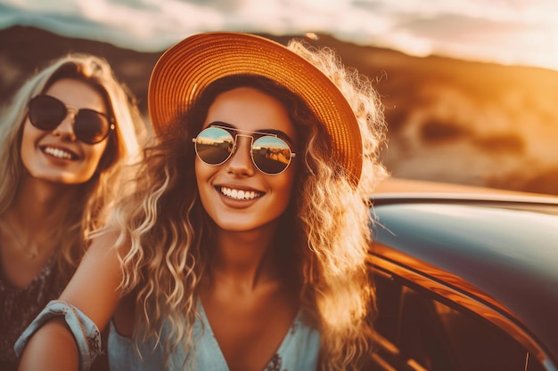 Women friends portrait and car trunk on road trip beach or relax on holiday for sunset with smile Woman outdoor and friendship happiness ocean vacation or sunglasses for summer sunshine together