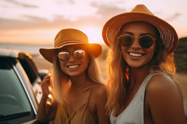 Women friends portrait and car trunk on road trip beach or relax on holiday for sunset with smile Woman outdoor and friendship happiness ocean vacation or sunglasses for summer sunshine together