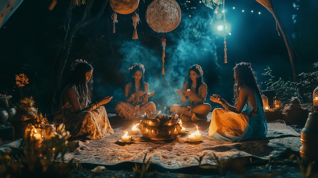 Photo women gathered around a fire at night engaged in rituals with candles and smoke in a serene and mystical setting