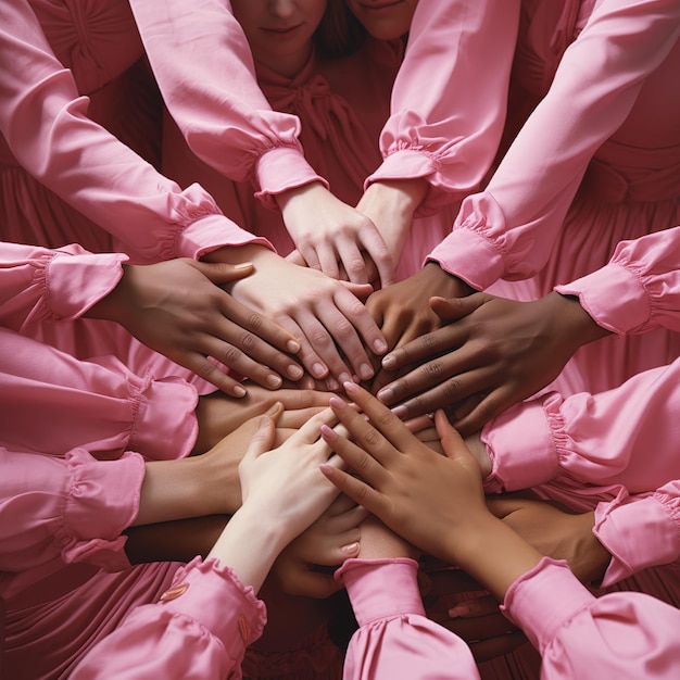 Women gathered in a group and folded their hands to fight breast cancer