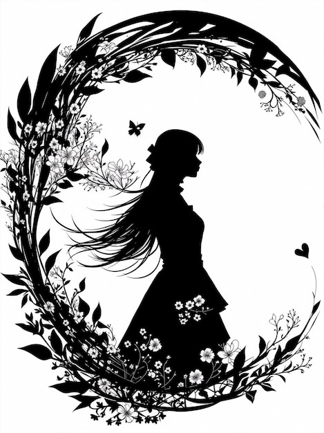 Women girl silhoutte with flowers for beauty salon logo or for wedding invitation background