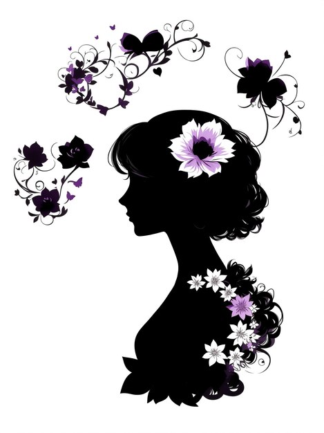 Women girl silhoutte with flowers for beauty salon logo or for wedding invitation background