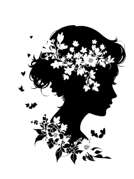 Women girl silhoutte with flowers for beauty salon logo or for wedding invitation background