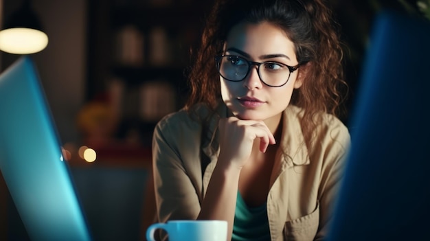 women in glasses is looking at the computer screen woman working online on desktop