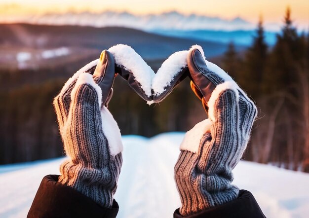 Women hands heart symbol shaped concept with sunset light in winter