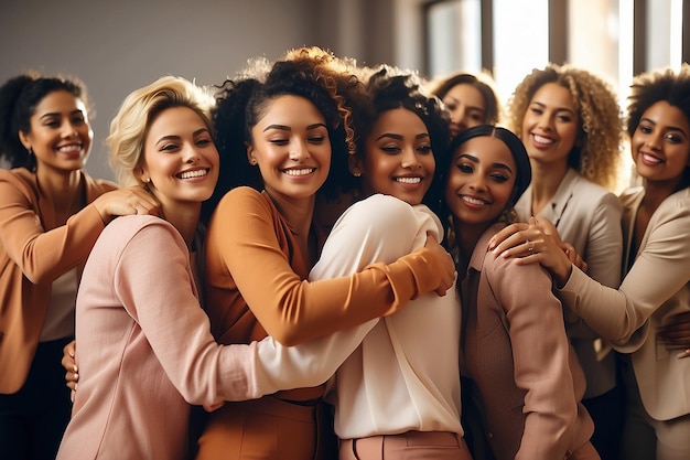 Women happy and hug with celebration success in presentation and collaboration