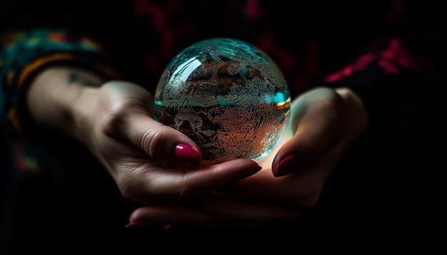 Women holding sphere world map reflects nature generated by AI