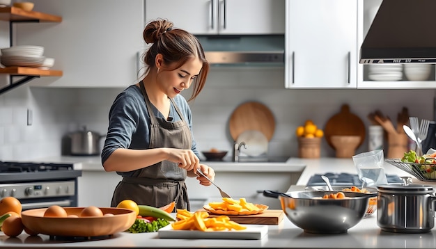 Women in kitchen preparing food isolated with white highlights