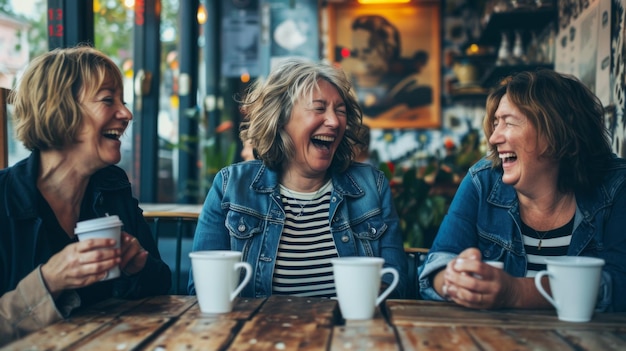 Photo women laughing and laughing at a table with cups of coffee and a christmas tree in the background