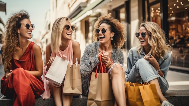 Photo women laughing and laughing while wearing sunglasses and holding shopping bags in the city