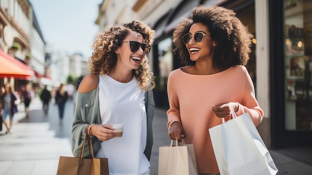 Photo women laughing and laughing while wearing sunglasses and holding shopping bags one of which says  natural