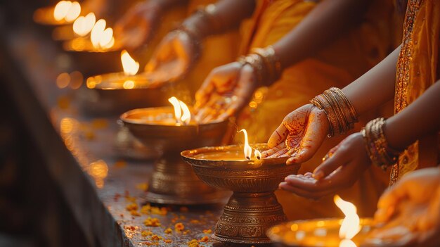 Women light candles in ceremony