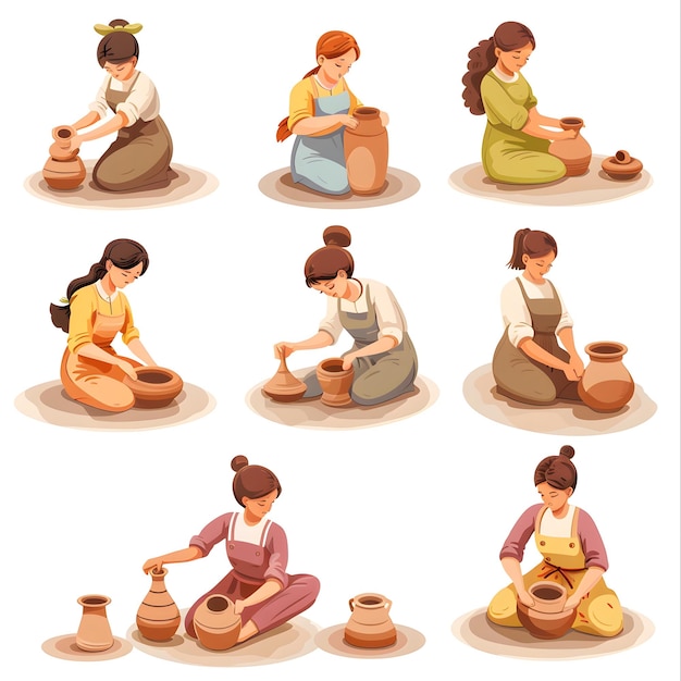 Photo women making handmade pottery in a pottery class handicraft and hobbies concept isolated on white