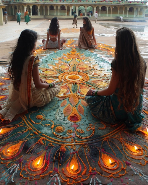 Women Making Intricate Rangoli Background